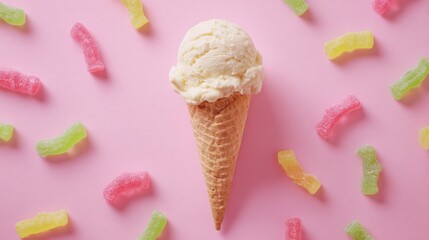 Delicious Ice Cream Cone Surrounded by Colorful Candies