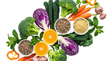 Healthy fresh vegetables, fruits, and grains isolated on transparent background