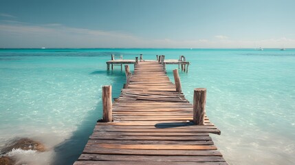Fototapeta premium Wooden pier stretching into crystal clear turquoise ocean water under a bright blue sky.