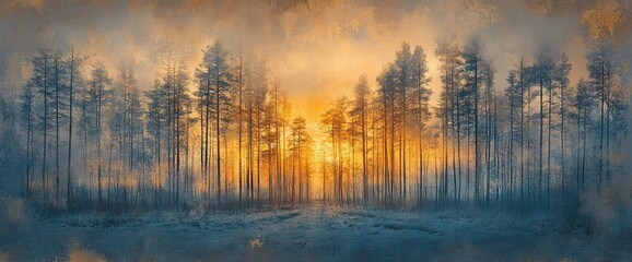 Obraz premium Panoramic photograph of a beautiful winter sunrise in a forest