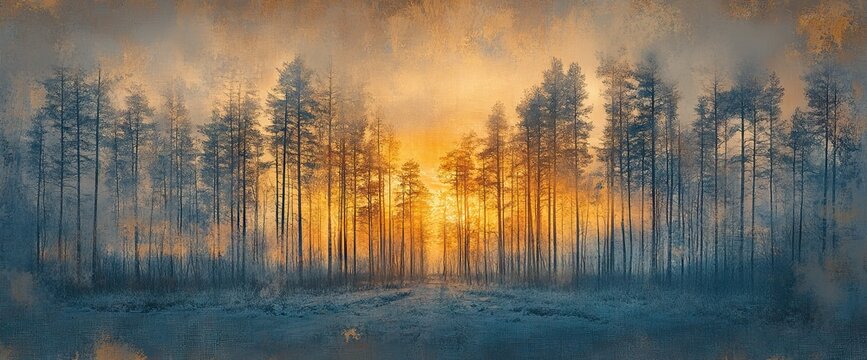 Panoramic photograph of a beautiful winter sunrise in a forest - Powered by Adobe