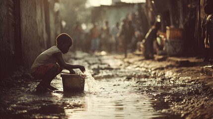 Young child collecting water from a muddy puddle in a poverty-stricken village, highlighting global water scarcity and sanitation issues.
