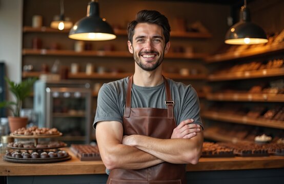 Smiling man in leather apron stands in chocolate shop. Happy artisan seller at work looks at camera. Shop owner or employee at small business.
