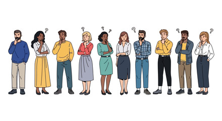 Obraz premium Diverse men and women thoughtfully contemplating challenges and seeking solutions, each with a pensive expression, symbolizing decision-making, problem-solving, and uncertainty