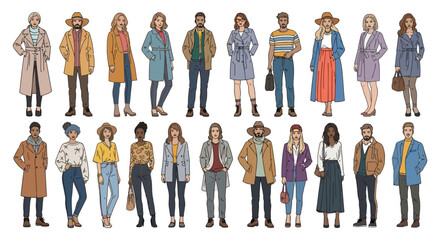 Collection of diverse men and women illustrations showcasing modern casual and smart-casual fashion styles for autumn and winter, representing urban trends and everyday elegance