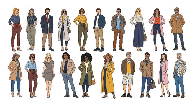 A comprehensive illustration showcasing a diverse group of stylish individuals, both men and women, modeling various contemporary fashion outfits suitable for different seasons and occasions