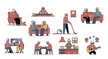 A vibrant collection of illustrations depicting active senior daily life, showcasing diverse hobbies, social interactions, and domestic routines for a fulfilling retirement lifestyle