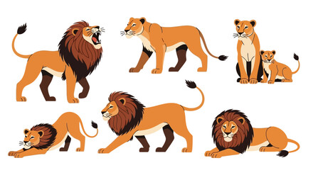 Stylized vector illustrations showcasing a family of African lions, lionesses, and their cubs in various dynamic poses, representing strength, grace, and wildlife © oyii