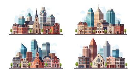 Vibrant vector illustrations of diverse urban cityscapes, featuring modern skyscrapers and classic architectural buildings, ideal for design projects