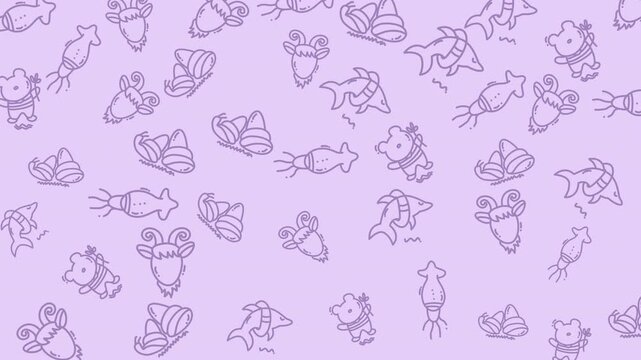 Cute cartoon sea creatures in a seamless pastel purple background pattern