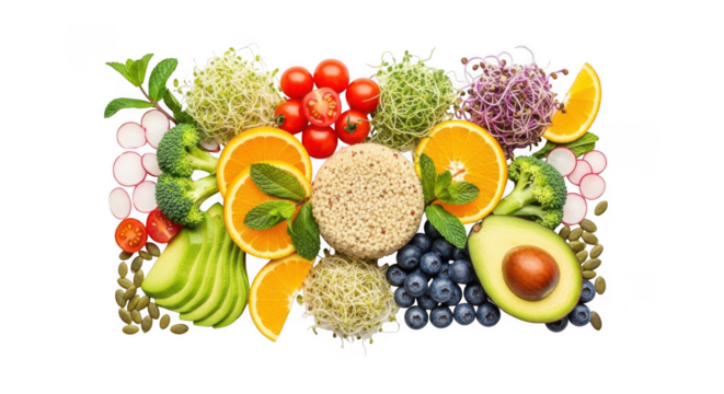 Assortment of fresh healthy food ingredients isolated on transparent background