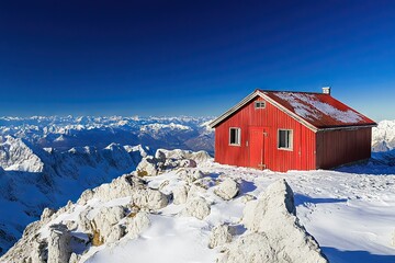 Photo of an old red metal hut on the top, overlooking snow-covered mountain
