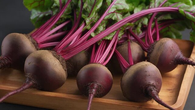 Fresh beets on a wooden plate, ready for culinary delights