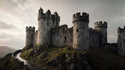 Ancient Stone Castle on a Hilltop Under a Dramatic Sky.