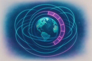 Naklejka premium Global connectivity represented through digital orbiting lines around Earth showcasing integration of technology and innovation in modern society promoting global awareness