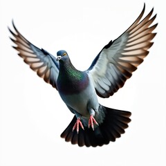 Obraz premium A single pigeon with wings spread wide in mid flight. Bird has grey plumage with iridescent neck feathers and bright yellow eyes. This is editorial illustration.