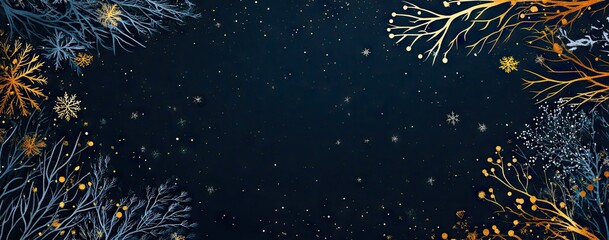 Fototapeta premium Set of blue and gold vector frames with winter tree branches, snowflakes, and a starry sky for a social media post template