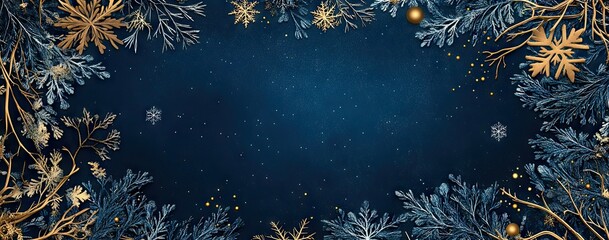 Set of blue and gold vector frames with winter tree branches, snowflakes, and a starry sky for a social media post template