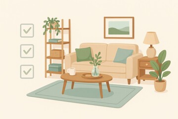 Cozy living room interior featuring minimalist design elements and calming color palette promoting relaxation and tranquility enhancing modern lifestyle aesthetics