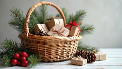Wicker basket full of xmas presents, pine cones, red berries and fir branches. Gifts wrapped in craft paper with ribbons sit on a rustic wooden table. Cozy holiday arrangement.