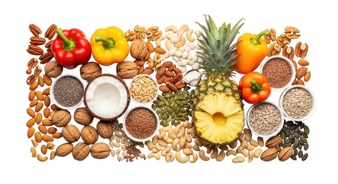 Healthy assortment of nuts, seeds, fruits, and vegetables isolated on transparent background