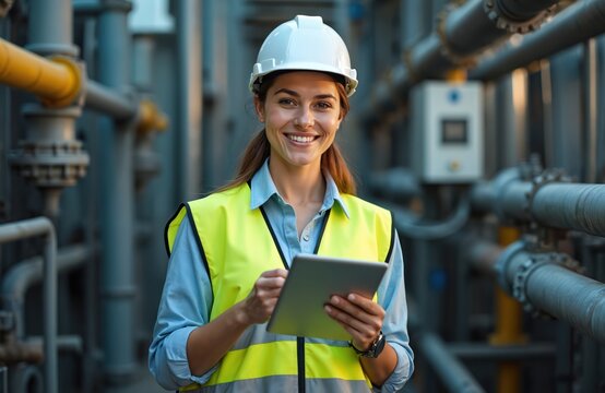 Smiling woman engineer in white hard hat, yellow safety vest holds tablet. Female technician standing in industrial area with pipes. Wears blue shirt, watch. Industrial background with grey, yellow
