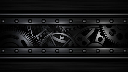 A complex arrangement of dark metallic gears inside a riveted frame