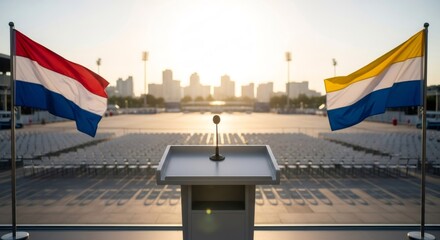 Empty stage with podium and microphone between two flags, ready for speech. Official event background with urban skyline and rows of chairs.