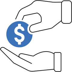 Two Outline Hands One Giving A Blue Coin With White Dollar Sign To The Other Open Palm Hand With White Background And Transparent Background