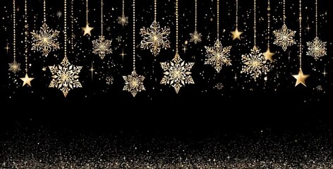 black background with golden snowflakes hanging from the bottom, creating an elegant and festive atmosphere for christmas or new year Generative AI - Powered by Adobe