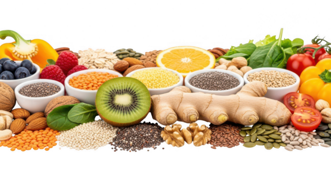 Healthy food selection with fruits, vegetables, nuts, and grains isolated on transparent background