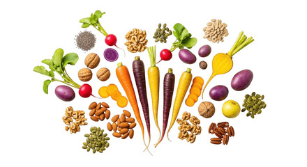 Colorful assortment of root vegetables, nuts, and seeds isolated on transparent background