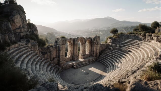 Ancient Theater of Termessos in Turkey with Mountain Backdrop.