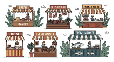 Illustrative Market Stalls A Collection of Bakery, Butcher Shop, and Fresh Produce Displays