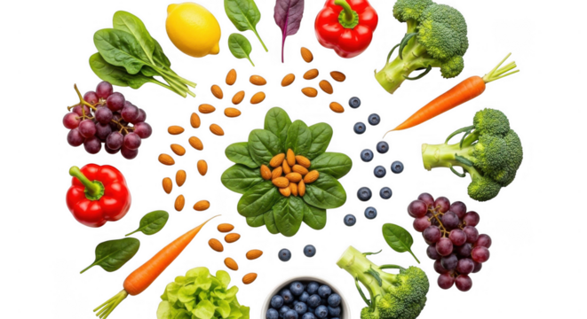 Healthy fruits and vegetables arranged in a circle, isolated on transparent background