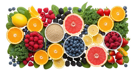 Assortment of fresh healthy fruits, berries, and greens isolated on transparent background