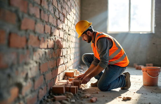 Man bricklayer working on a construction site. Builder in yellow hard hat places bricks for wall. Pro in safety vest does brickwork. Concrete mortar and orange bucket are nearby.