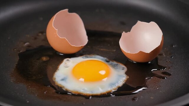 A perfectly cooked fried egg with cracked shells on a black pan. The egg yolk is bright yellow and the egg white is cooked. The image conveys the freshness of ingredients