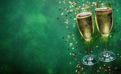 Two champagne glasses with golden glitter and confetti on a green background