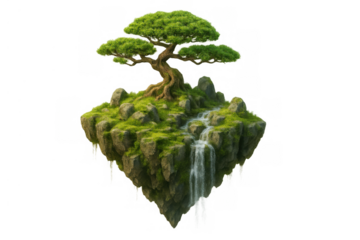 Floating island with a green tree and waterfall, embodying zen, nature, and environmental balance, transparent background