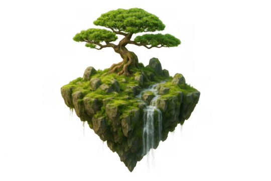 Floating island with a green tree and waterfall, embodying zen, nature, and environmental balance, transparent background