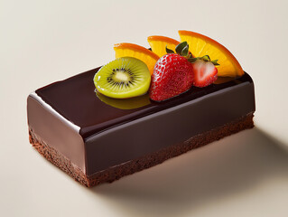 A glossy rectangular dark chocolate cake garnished with strawberry, kiwi, and orange slices.