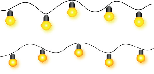 Warm Yellow Hanging String Lights on White Background – Glowing Festive Bulbs Garland for Decoration, Wedding Lights Border, Holiday Fairy Lights Isolated PNG Illustration