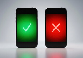 Smartphones showing green checkmark and red X symbols, illustrating approval, denial, choice, and correct vs. incorrect decisions.