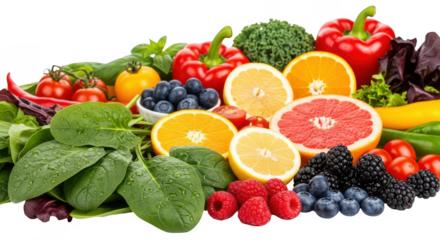 Fresh fruits and vegetables isolated on transparent background, healthy eating concept