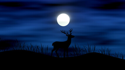 Deer Silhouette on Hill under Full Moon