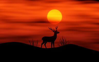 Red Deer Stag Silhouette at Sunset