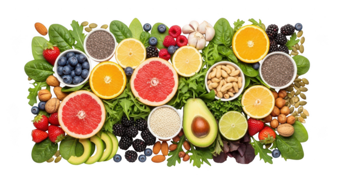 Healthy fruits, vegetables, nuts, and seeds on transparent background