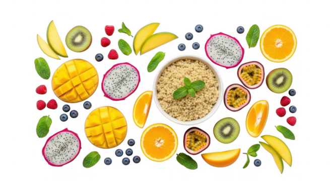 Colorful assortment of fresh tropical fruits and oatmeal, isolated on transparent background