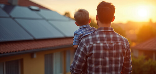 Dad holds son looking at house roof with solar panels. Happy family enjoys solar tech. Father shows kid photovoltaic panels. Sustainable family lifestyle at sunset. Residential home energy